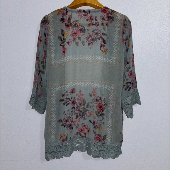 Rewind Floral Kimono Cardigan Small Sage Green Crochet Lace Boho Semi-Sheer - Picture 7 of 11